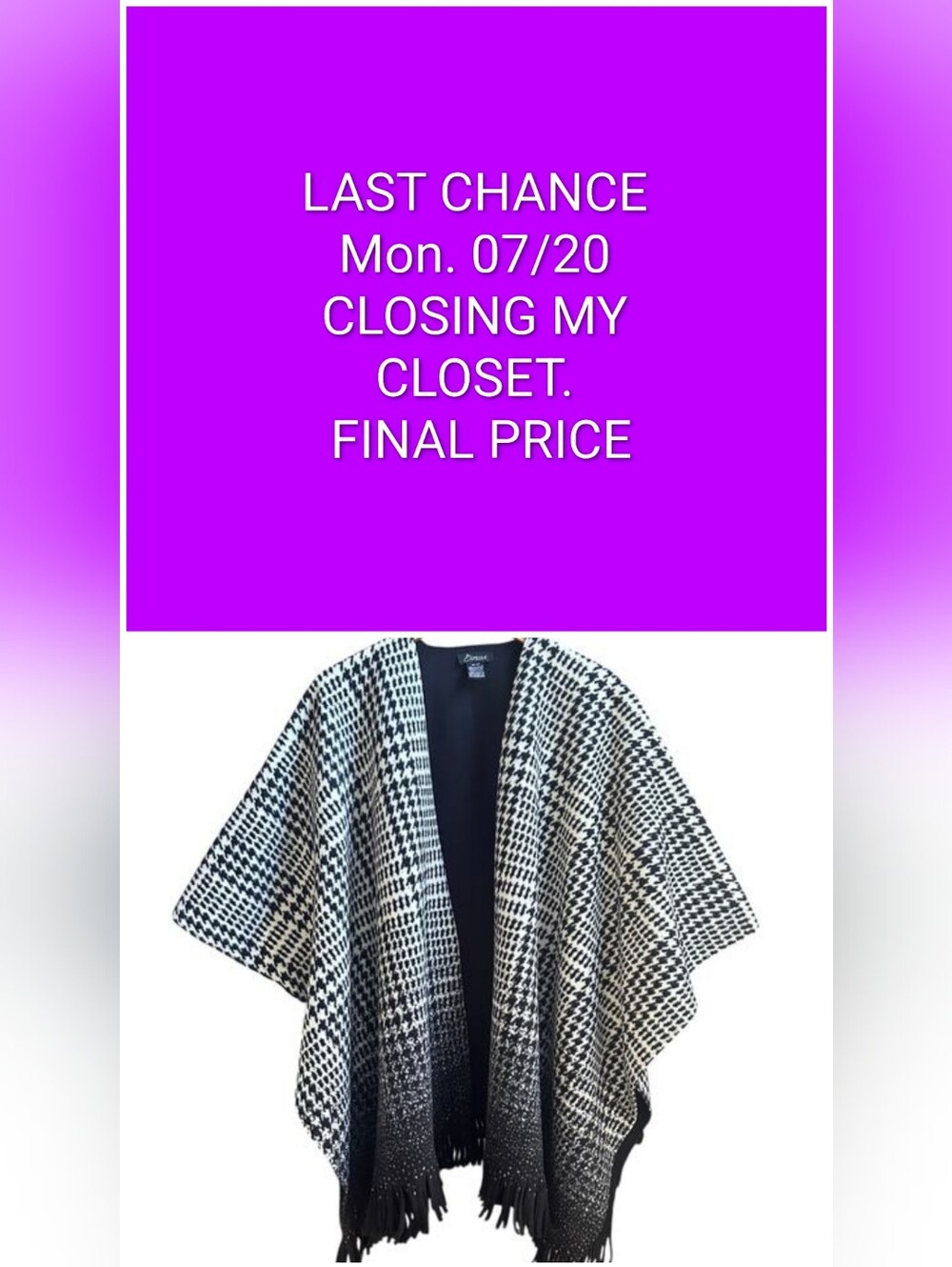 Classic Houndstooth Open Front Poncho Sweater - Black & White. FIRM